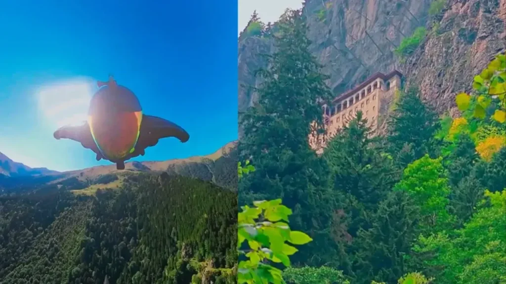 İrlandalı Pilot Sümela’nın üzerinde uçtu! Wingsuit gösterisi nefes kesti